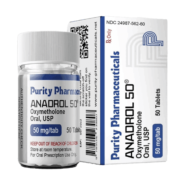 Doosje met een potje Anadrol 50 mg van Purity Pharmaceuticals, een krachtig anabool steroïde voor maximale spiergroei en kracht.