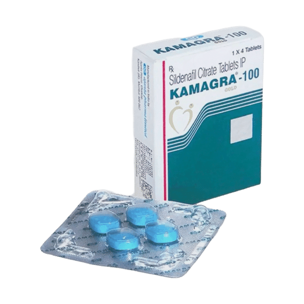 Afbeelding van een doosje en een strip Kamagra 100 mg, een medicijn voor de behandeling van erectiestoornissen en verbetering van seksuele prestaties.