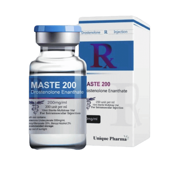 Doosje met een vial Masteron Enanthate van Unique Pharma, een krachtige anabole steroïde voor spierdefinitie en kracht.