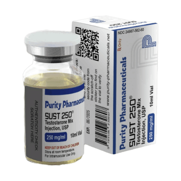 Afbeelding van een doosje en een vial Sustanon van Purity Pharmaceuticals, een testosteroninjectie voor hormoonvervangingstherapie.