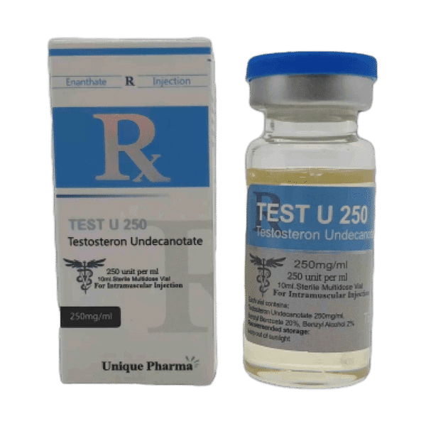 Doosje met een vial Testosterone Undecanoate van Unique Pharma, een langdurig werkende testosteron voor spieropbouw en hormonale balans.