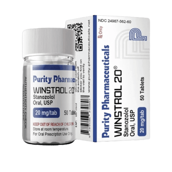 Doosje met een potje Winstrol 20 mg van Purity Pharmaceuticals, een anabool steroïde voor spierdefinitie en kracht.