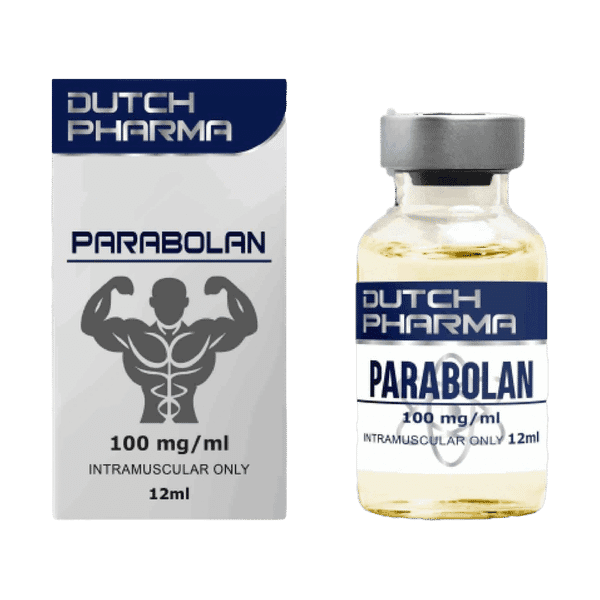 Afbeelding van een doosje en een vial Parabolan van Dutch Pharma, een krachtige injecteerbare steroïde voor spiergroei en krachttoename.