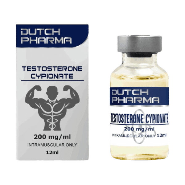 Afbeelding van een doosje en een vial Testosterone Cypionate van Dutch Pharma, een injecteerbare testosteronoplossing voor hormoonvervanging en spiergroei.