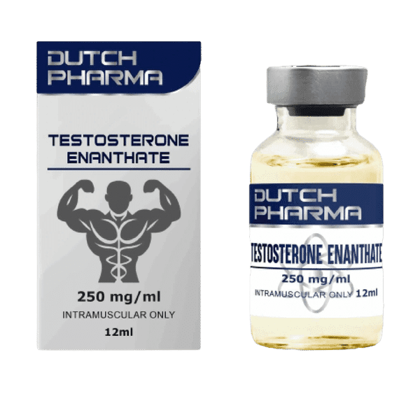 Doosje met een vial Testosterone Enanthate van Dutch Pharma, een anabool steroïde voor spiergroei en krachtverbetering.