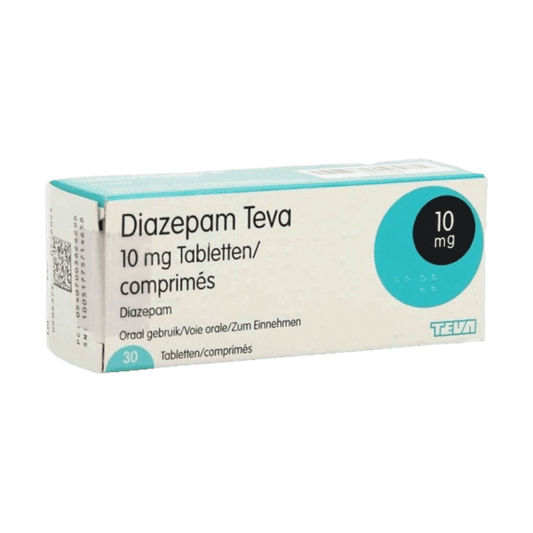 Afbeelding van een doosje Diazepam 10 mg van Teva, een kalmeringsmiddel voor de behandeling van angst, spierspasmen en epileptische aanvallen.