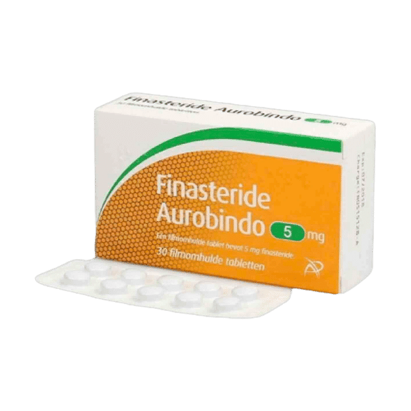 Afbeelding van een doosje Finasteride 5 mg van Aurobindo, een medicijn voor de behandeling van haaruitval en vergrote prostaat.