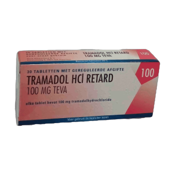 Afbeelding van een doosje Tramadol 100 mg retard van Teva, een pijnstiller met vertraagde afgifte voor de behandeling van matige tot ernstige pijn.