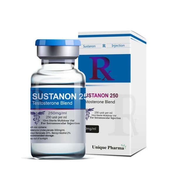 Doosje met een vial Sustanon van Unique Pharma, een krachtige testosteronmix voor spiermassa en krachtverbetering.